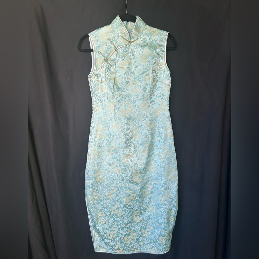 Traditional Chinese Blue and Gold Brocade Dress